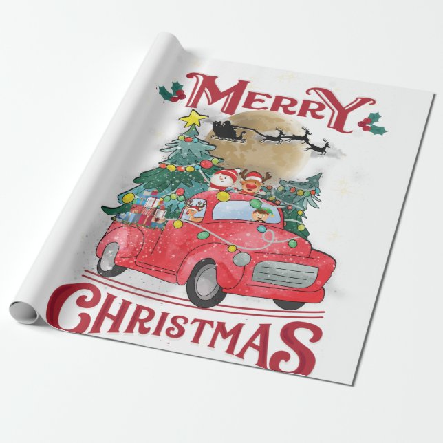 Frohe Weihnachten Vintag Red Santa Truck Geschenkpapier (Ungerollt)