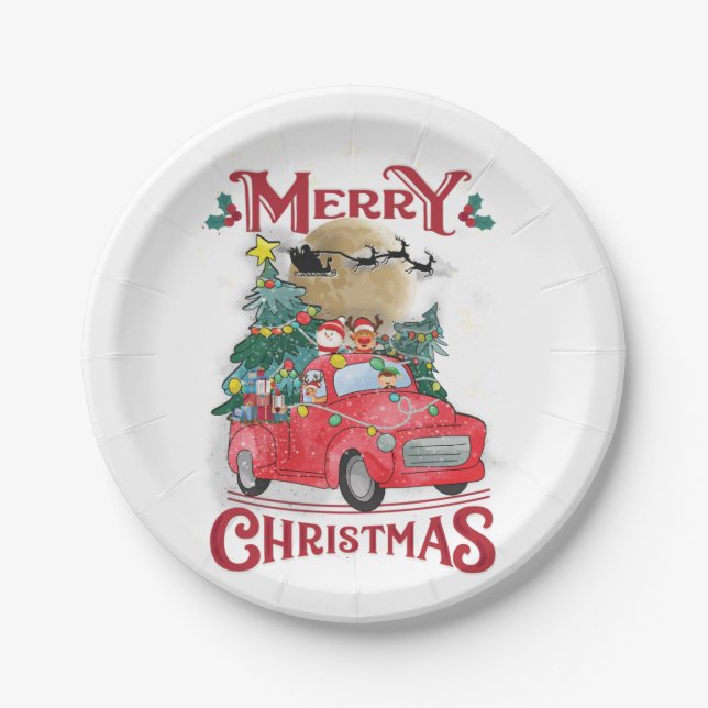 Frohe Weihnachten Vintag Red Santa Truck Pappteller (Vorderseite)