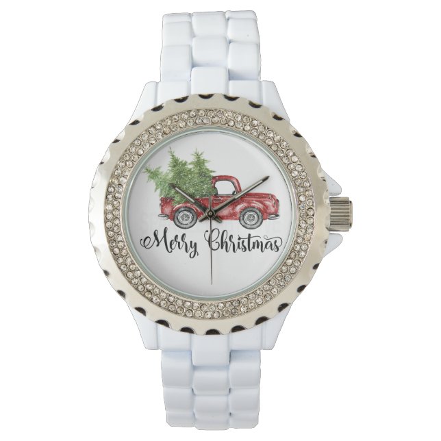 Frohe Weihnachten Vintag Retro Red Truck Niedliche Armbanduhr (Vorderseite)