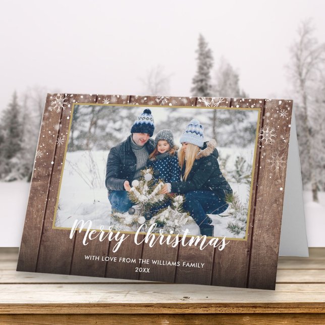 Frohe Weihnachten Vintag Rustikales Foto (Merry Christmas Vintage Rustic Wood Photo Holiday Card)