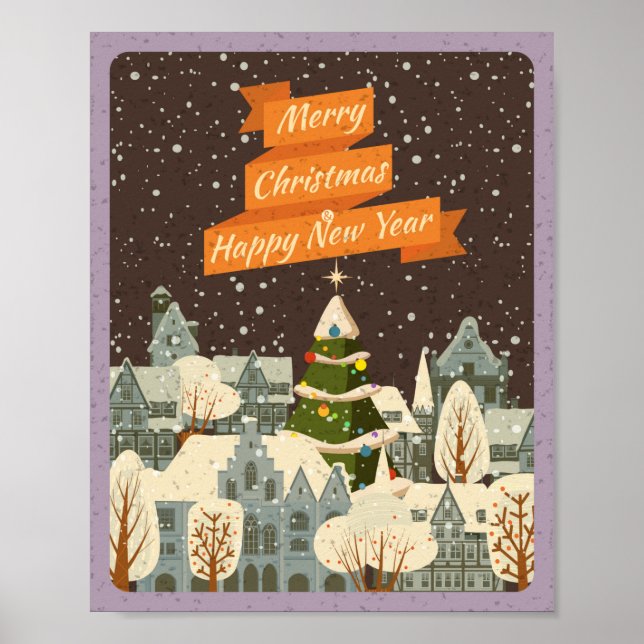 Frohe Weihnachten Vintage City Skyline im Winter Poster (Vorne)