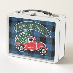 Frohe Weihnachten Vintage-Lieferwagen Blau Buffalo Metall Brotdose