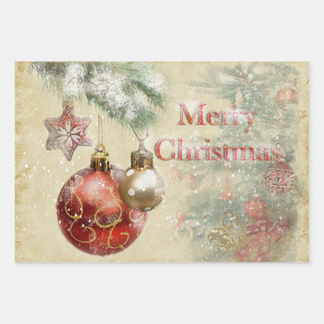 "Frohe Weihnachten" Vintage Ornamente Geschenkpapier Set (Vorderseite)