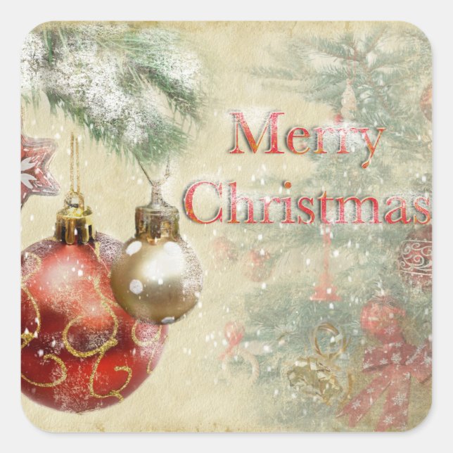 "Frohe Weihnachten" Vintage Ornamente Quadratischer Aufkleber (Vorderseite)