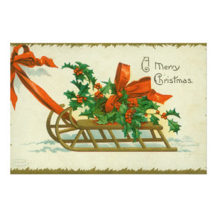 Frohe Weihnachten - Vintage-Postkarte, Schlitten u Fotodruck