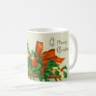 Frohe Weihnachten - Vintage-Postkarte, Schlitten u Kaffeetasse