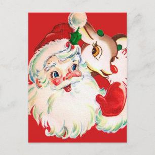 FROHE WEIHNACHTEN Vintage Santa & Rudolph Postkarte