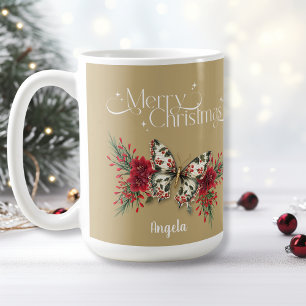 Frohe Weihnachten Vintage Schmetterling Poinsettie Kaffeetasse