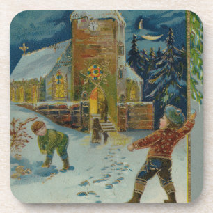 Frohe Weihnachten - Vintage Schneeballkampf Grußka Getränkeuntersetzer