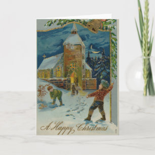 Frohe Weihnachten - Vintage Schneeballkampf Grußka Karte