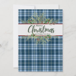 "Frohe Weihnachten" Vintager Blue Gingham Kariert Feiertagskarte