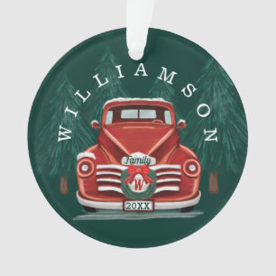 Frohe Weihnachten Vintager Red Truck Familie Foto Ornament