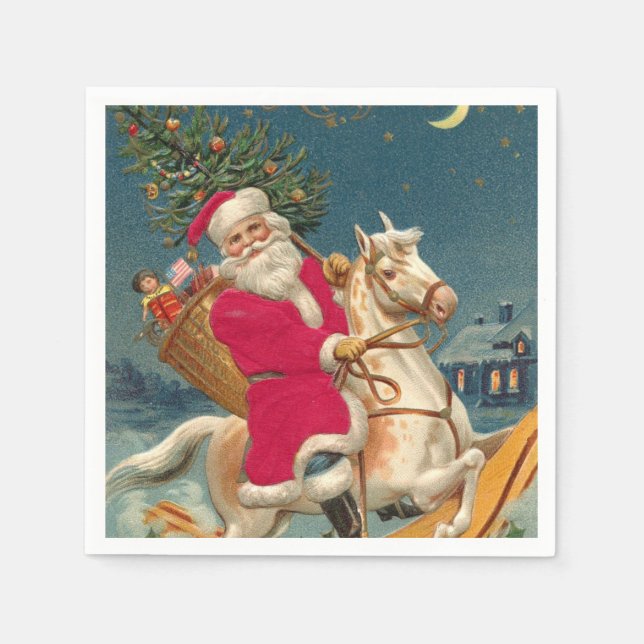 Frohe Weihnachten Vintager Weihnachtsmann am Pferd Serviette (Vorderseite)