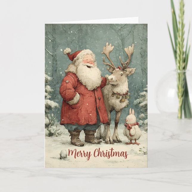 Frohe Weihnachten Vintager Weihnachtsmann & Reinde Karte (Vorderseite)