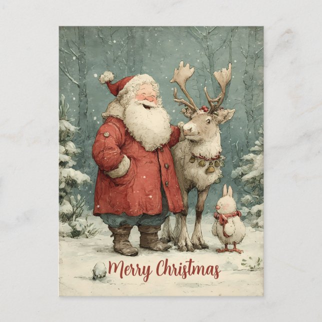 Frohe Weihnachten Vintager Weihnachtsmann & Reinde Postkarte (Vorderseite)