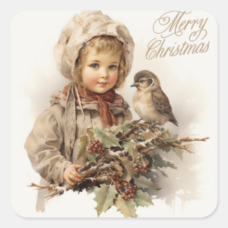 Frohe Weihnachten Vintages Kind mit Vogel Quadratischer Aufkleber