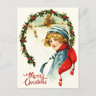 Frohe Weihnachten Vintages Kind, Weihnachtskranz Postkarte