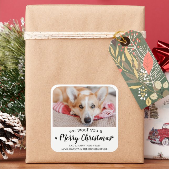 Frohe Weihnachten vom Hund Modernes Foto für Haust Quadratischer Aufkleber (Feiertag)