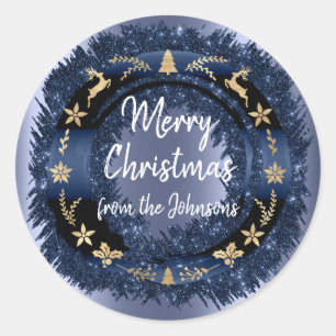 Frohe Weihnachten von Blue Navy Glitzer Gold Wreat Runder Aufkleber