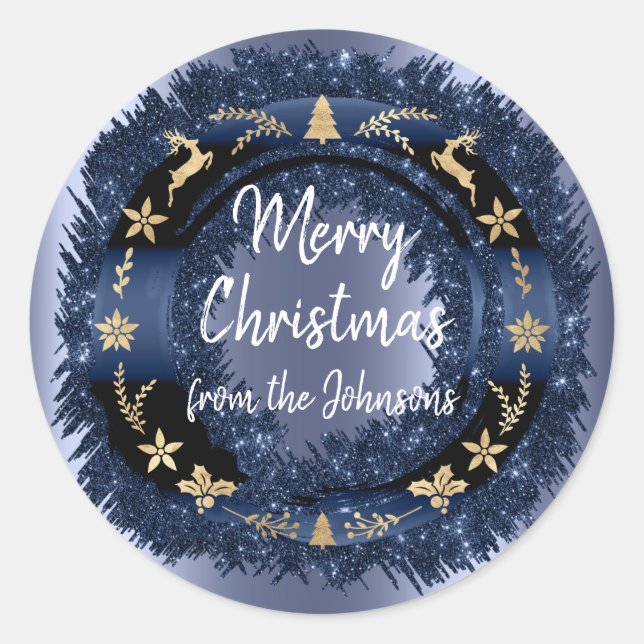 Frohe Weihnachten von Blue Navy Glitzer Gold Wreat Runder Aufkleber (Vorderseite)