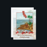Frohe Weihnachten von California Beach Palm Trees<br><div class="desc">Frohe Weihnachtsgrüße aus Kalifornien mit einer Aquarellbilderung eines Strandes im Winter mit Palmen und sanften Wellen an der Küste mit einem Zweig von Winterbeeren und der Staat Form handgemalt mit Aquarell. Eine gute Art,  Urlaubswünsche an Freunde,  Familie,  Brieffreunde,  Kunden oder Kunden zu senden.</div>