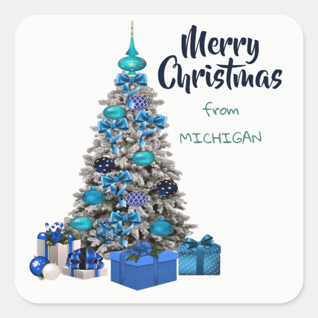 Frohe Weihnachten von Michigan dekorierten Baum Quadratischer Aufkleber (Vorderseite)