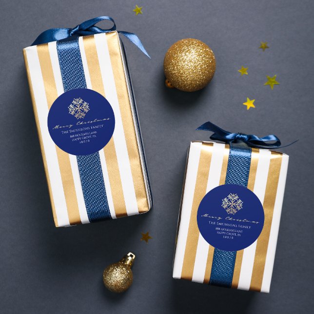 Frohe Weihnachten von Navy Gold UAWG Snowflakes Runder Aufkleber (Merry Christmas From Navy Gold RSVP Snowflakes Classic Round Sticker)