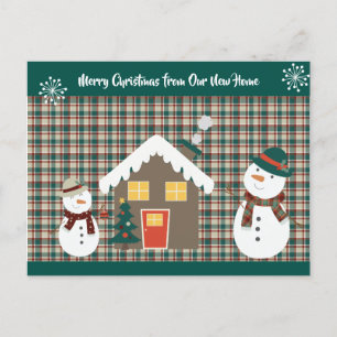 Frohe Weihnachten von New Home Plaid Snowmen Ankündigungspostkarte
