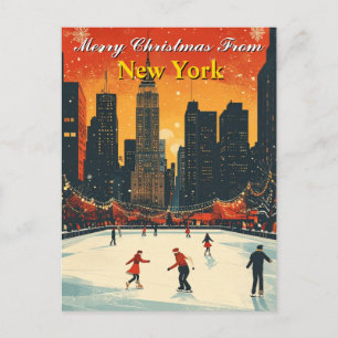 Frohe Weihnachten von New York Retro Ice Skaten Postkarte