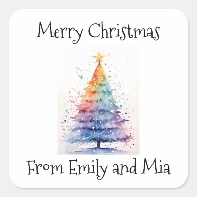 Frohe Weihnachten von Rainbow Watercolor Tree Quadratischer Aufkleber (Vorderseite)