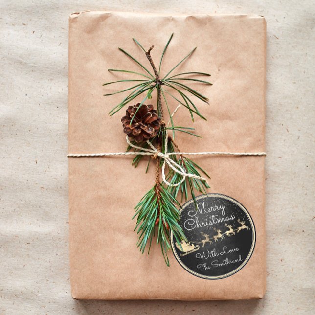 Frohe Weihnachten von Santa Reindeer Sleight Black Runder Aufkleber (Merry Christmas From Santa Reindeer Sleight Black Classic Round Sticker)