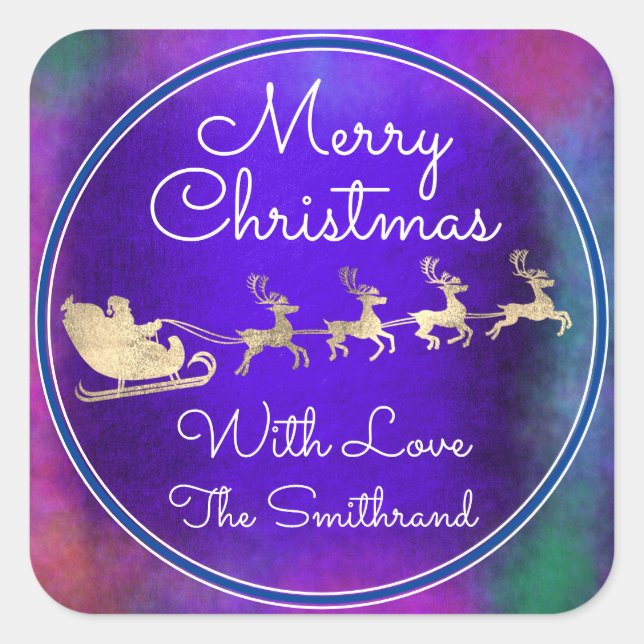 Frohe Weihnachten von Santa Reindeer Sleight Blue Quadratischer Aufkleber (Vorderseite)