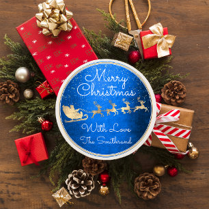 Frohe Weihnachten von Santa Reindeer Sleight Blue Runder Aufkleber