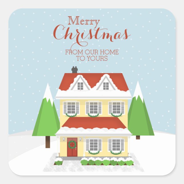 Frohe Weihnachten von unserer Zuhause zu deinen Quadratischer Aufkleber (Vorderseite)
