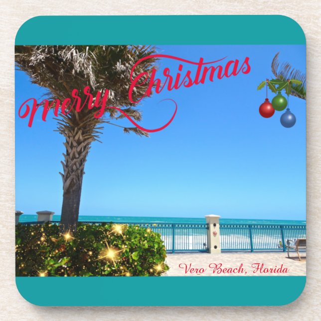 Frohe Weihnachten von Vero Beach Florida Ozean Getränkeuntersetzer (Vorderseite)