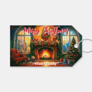 Frohe Weihnachten warme Innenräume Weihnachtsszen Geschenkanhänger