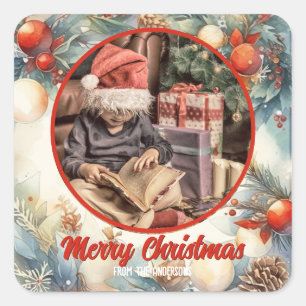 Frohe Weihnachten Wasserfarbe Foliage Greenery Fot Quadratischer Aufkleber
