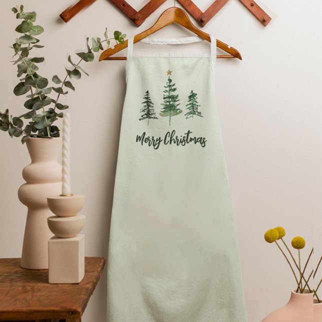 Frohe Weihnachten Wasserfarbe Gold Stern Schürze (Merry Christmas Green 3 Pine tree Holiday Apron)