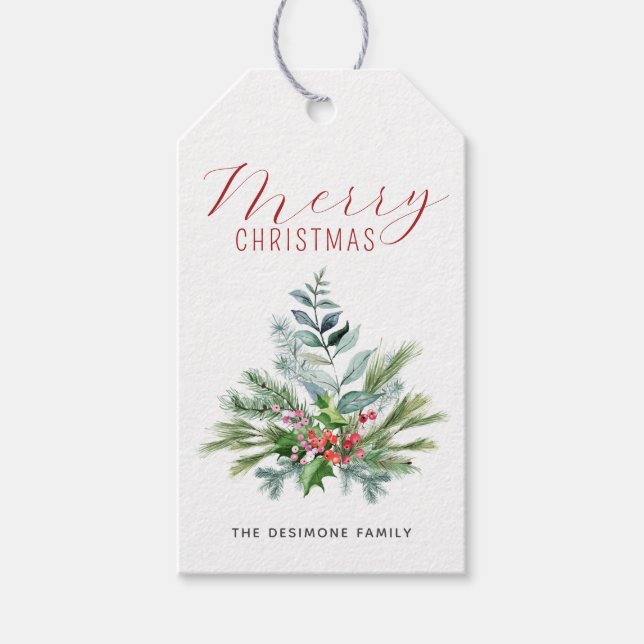 Frohe Weihnachten Wasserfarbe Grüne Berries Geschenkanhänger (Vorderseite)