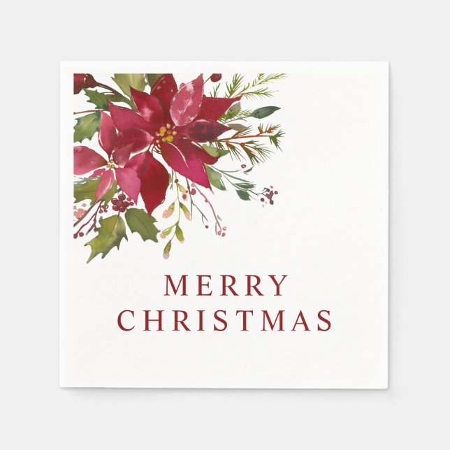 Frohe Weihnachten Wasserfarbe Red Poinsettias Serviette (Vorderseite)