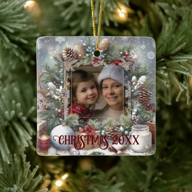 Frohe Weihnachten Wasserfarbe Rustikales Foto Keramikornament (Baum)