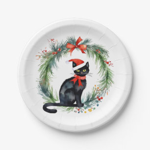 Frohe Weihnachten Wasserfarbe schwarze Katze und K Pappteller