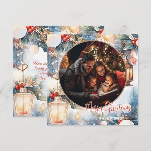 Frohe Weihnachten Wasserfarben Dekoratives Foto Mitteilungskarte (Vorne/Hinten)