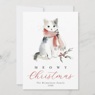 Frohe Weihnachten Wasserfarben-Katze & roter Schal