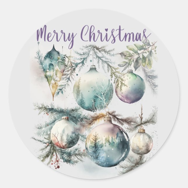 Frohe Weihnachten Wasserfarben Ornamente Runder Aufkleber (Vorderseite)
