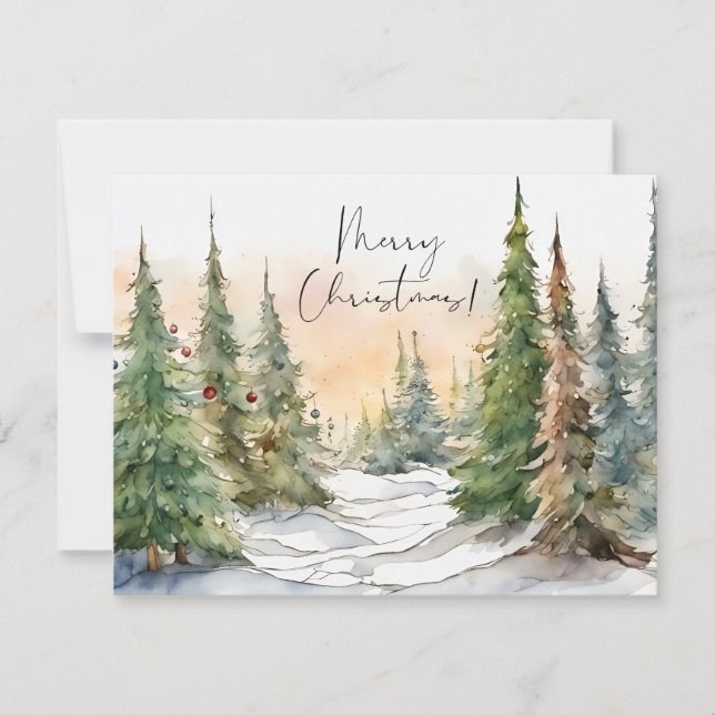Frohe Weihnachten Wasserfarben Pine Trees Note Car Einladung (Vorderseite)