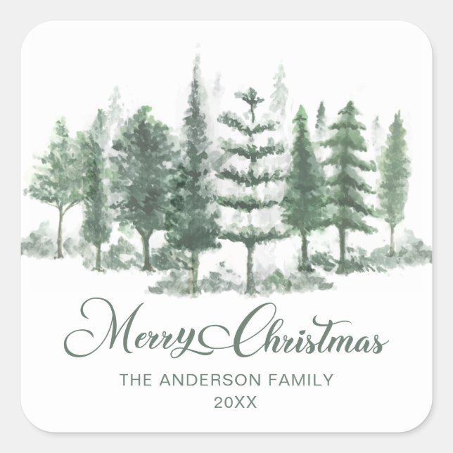 Frohe Weihnachten Wasserfarben Pinienwald Quadratischer Aufkleber (Vorderseite)