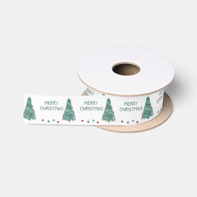 Frohe Weihnachten Wasserfarbenbaum Satinband (Spule)