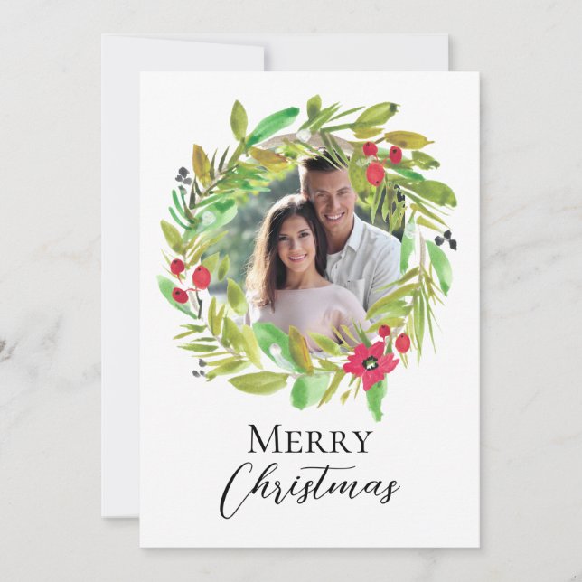 Frohe Weihnachten Wasserfarbengrün Couple Foto (Vorderseite)
