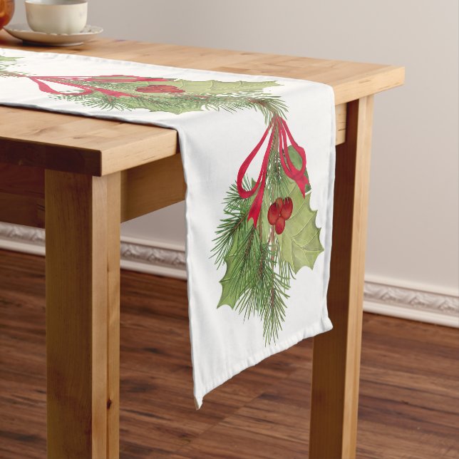 Frohe Weihnachten Wasserfarbengrün Holly Berries Kurzer Tischläufer (Beispiel)